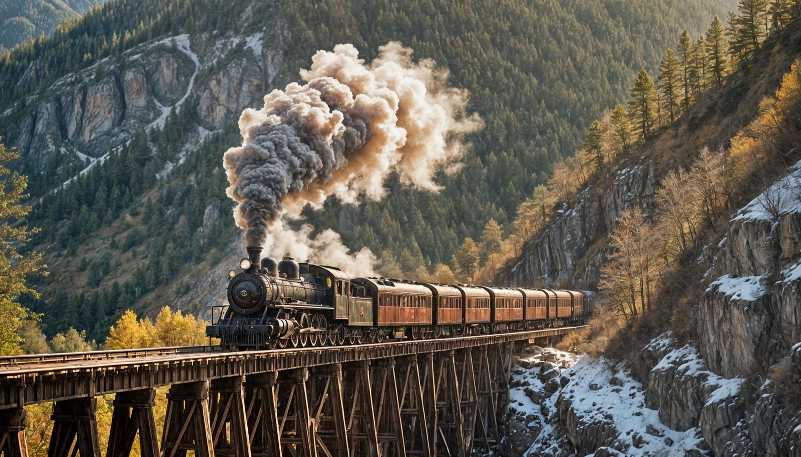 Steam Train on Mountain Bridge in Naturalistic Style