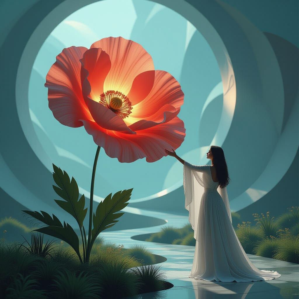 Ethereal Woman Touches Giant Light-Pulsing Poppy in Abstract...