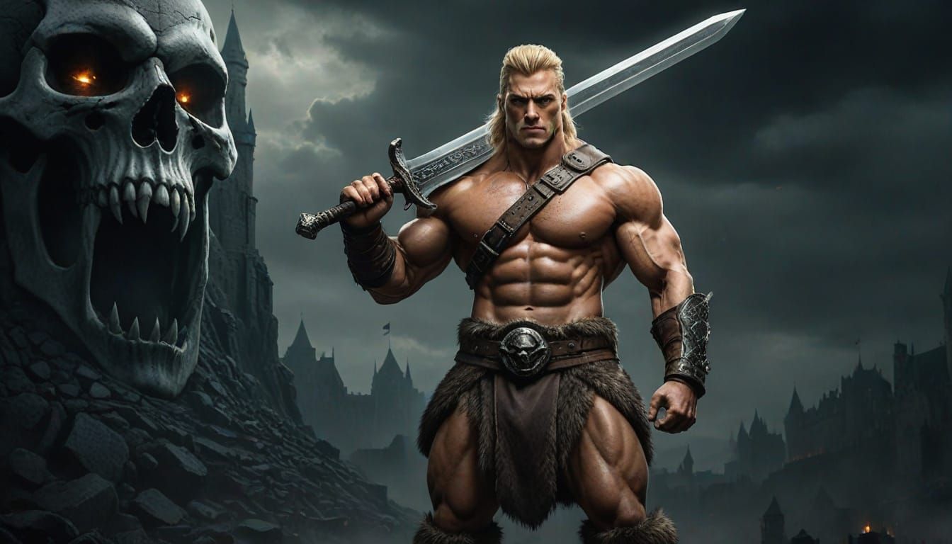 Muscular Warrior in a Primal, Medieval Landscape