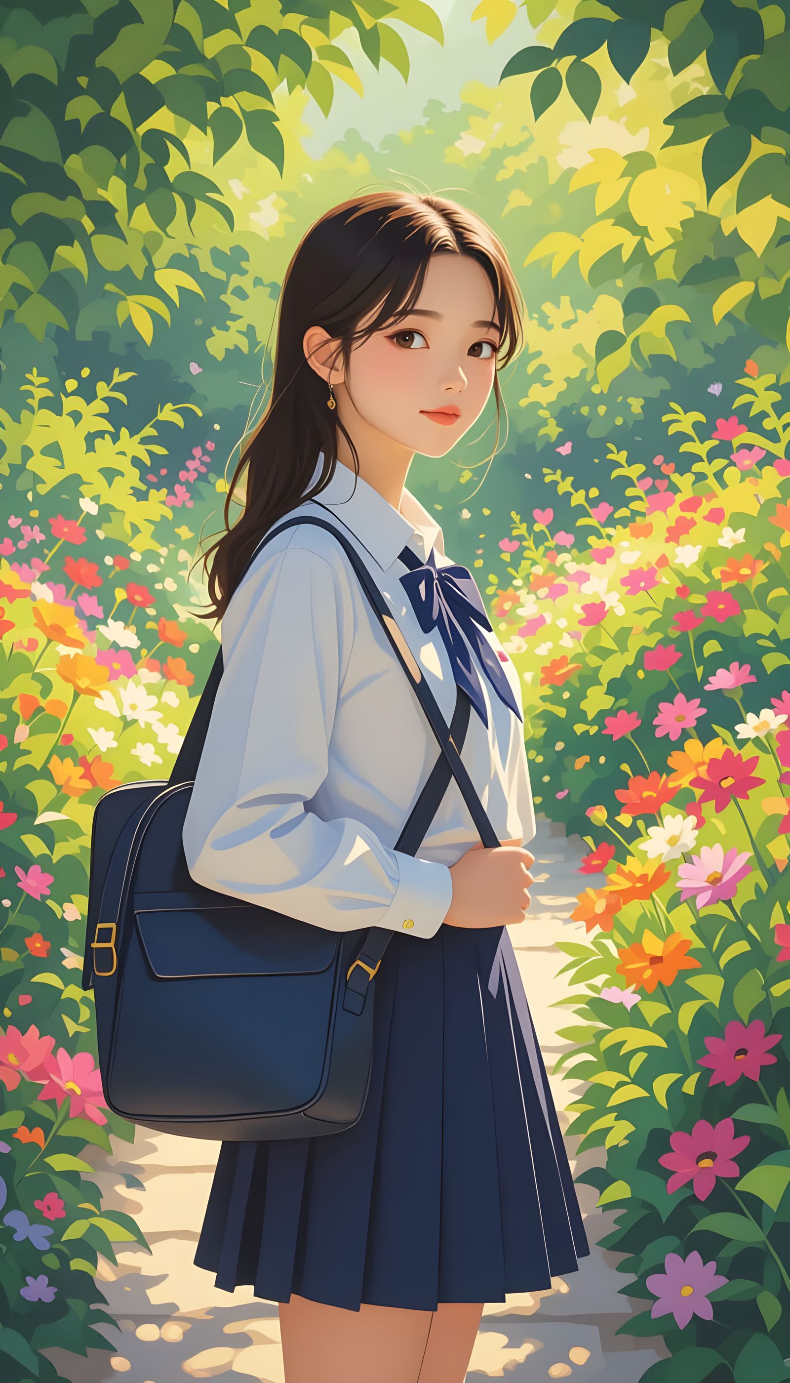 Korean Schoolgirl in Garden: High Resolution Detail