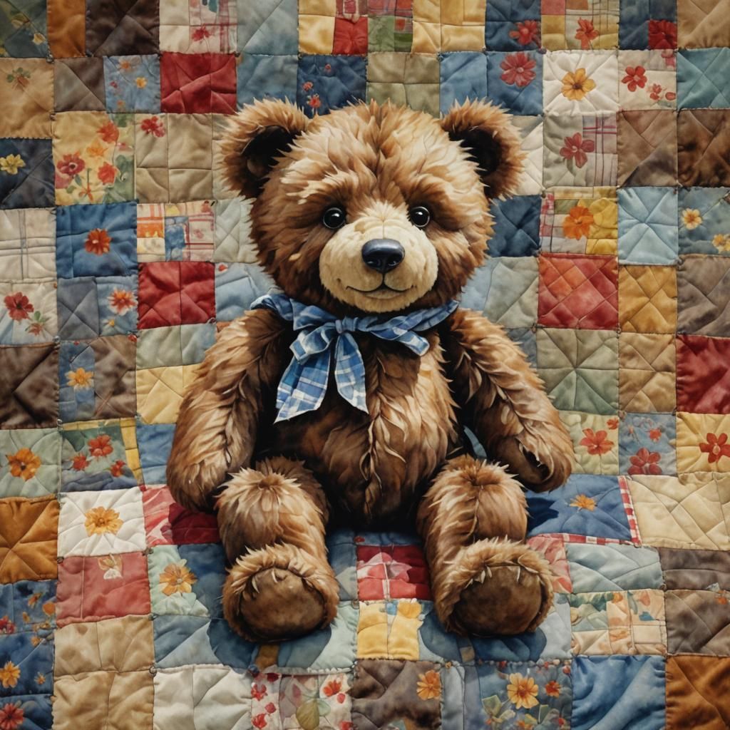 Teddy Bear on Patchwork Quilt in Watercolour Style