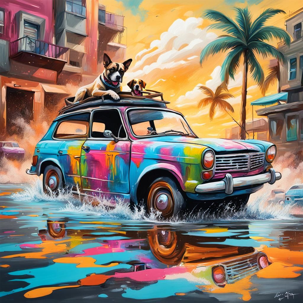 Dog Drives Car on Beach in Graffiti Art Style