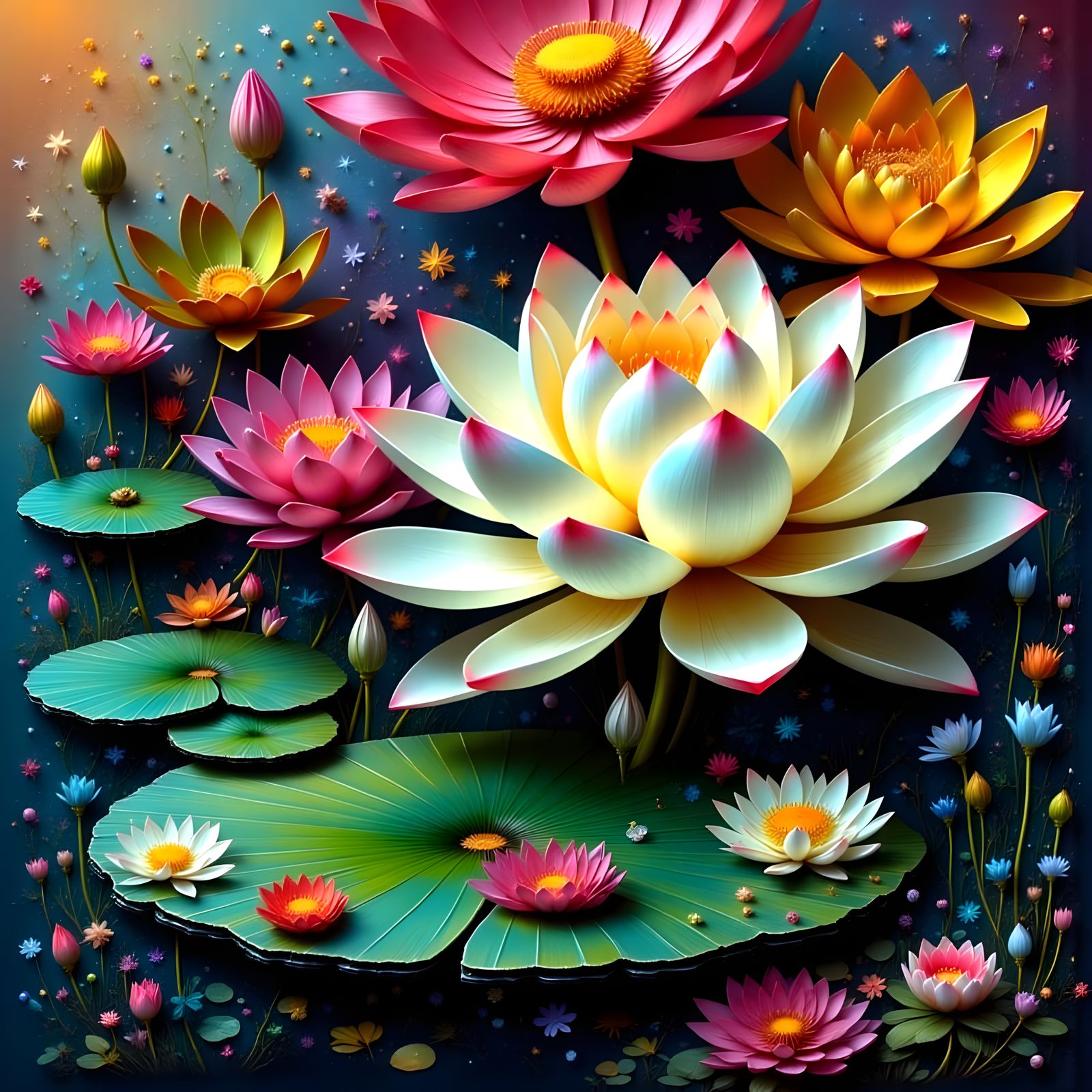 Surreal Lotus Blooms in a Dreamlike Water Scene