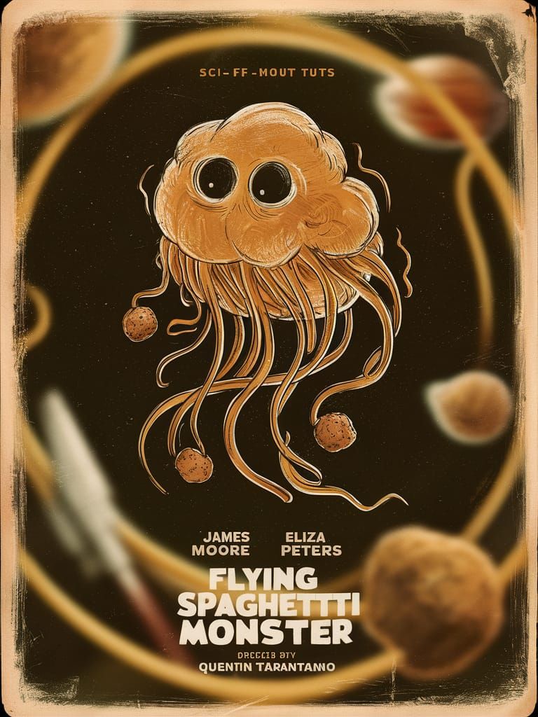 Flying Spaghetti Monster: Retro Sci-Fi Movie Poster