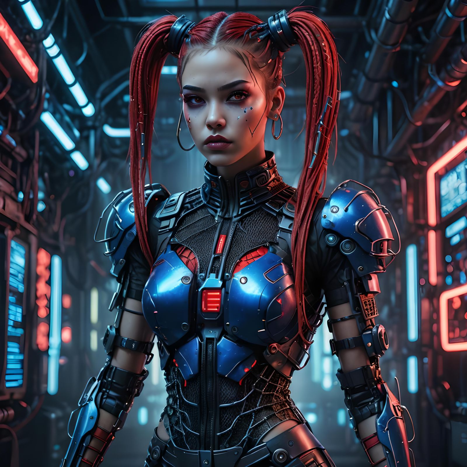 Cyborg Fashion Model in Cybernetic Fishnet, Digital Art