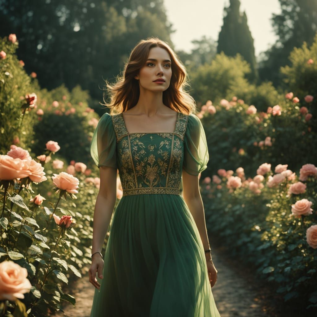 Ethereal Rose Garden Scene in Cinematic Film Style