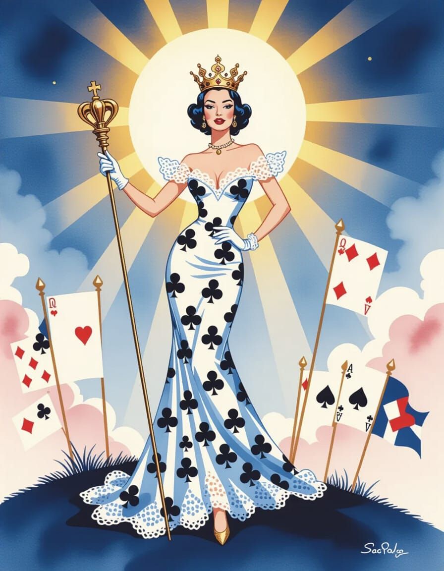 Queen of Clubs Watercolor Painting in 1950s Pinup Style