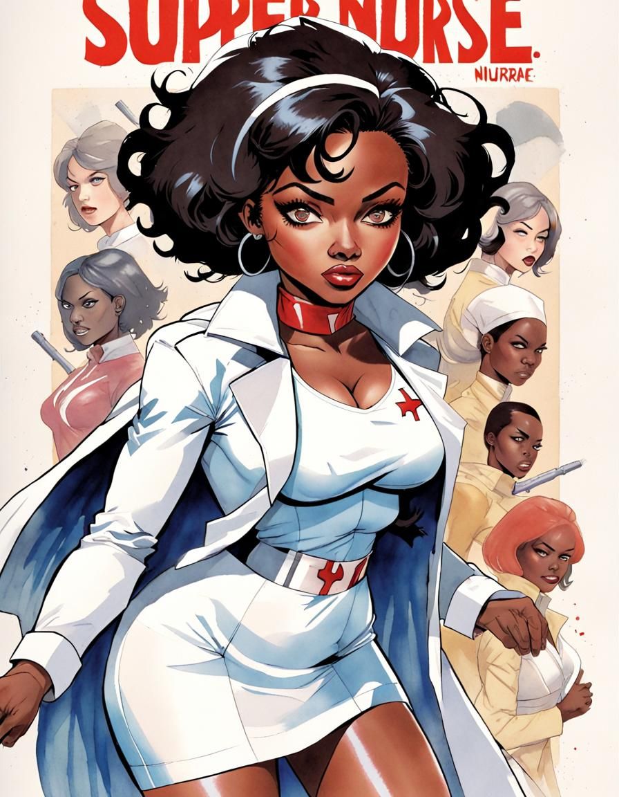 African Super Nurse in Acrylic and Watercolor Style