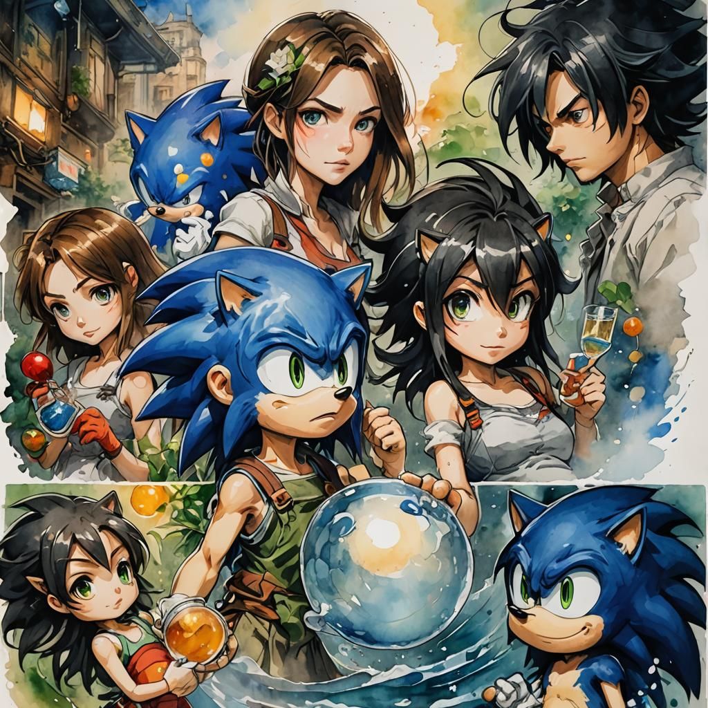 Pregnant Sonic in Watercolor Comic Illustration