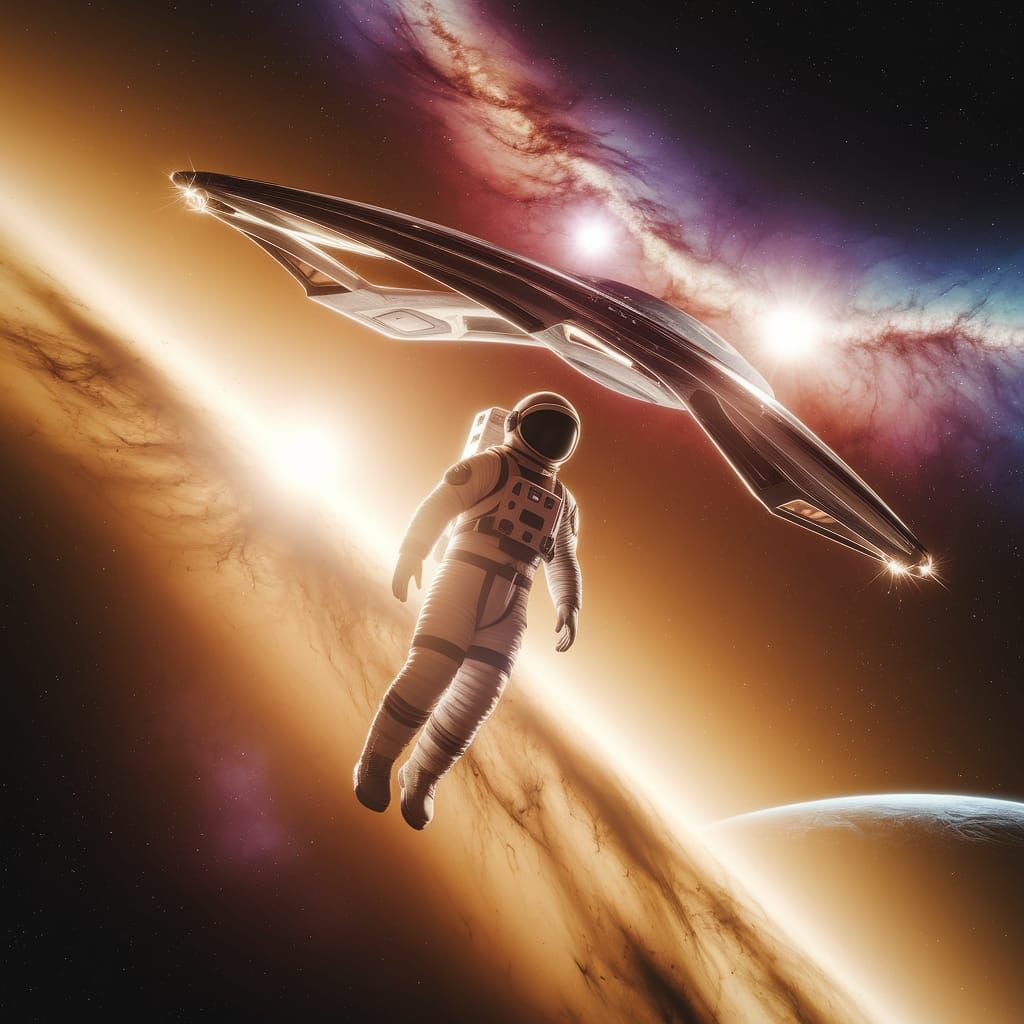 Astronaut in Golden Galaxy with Starship