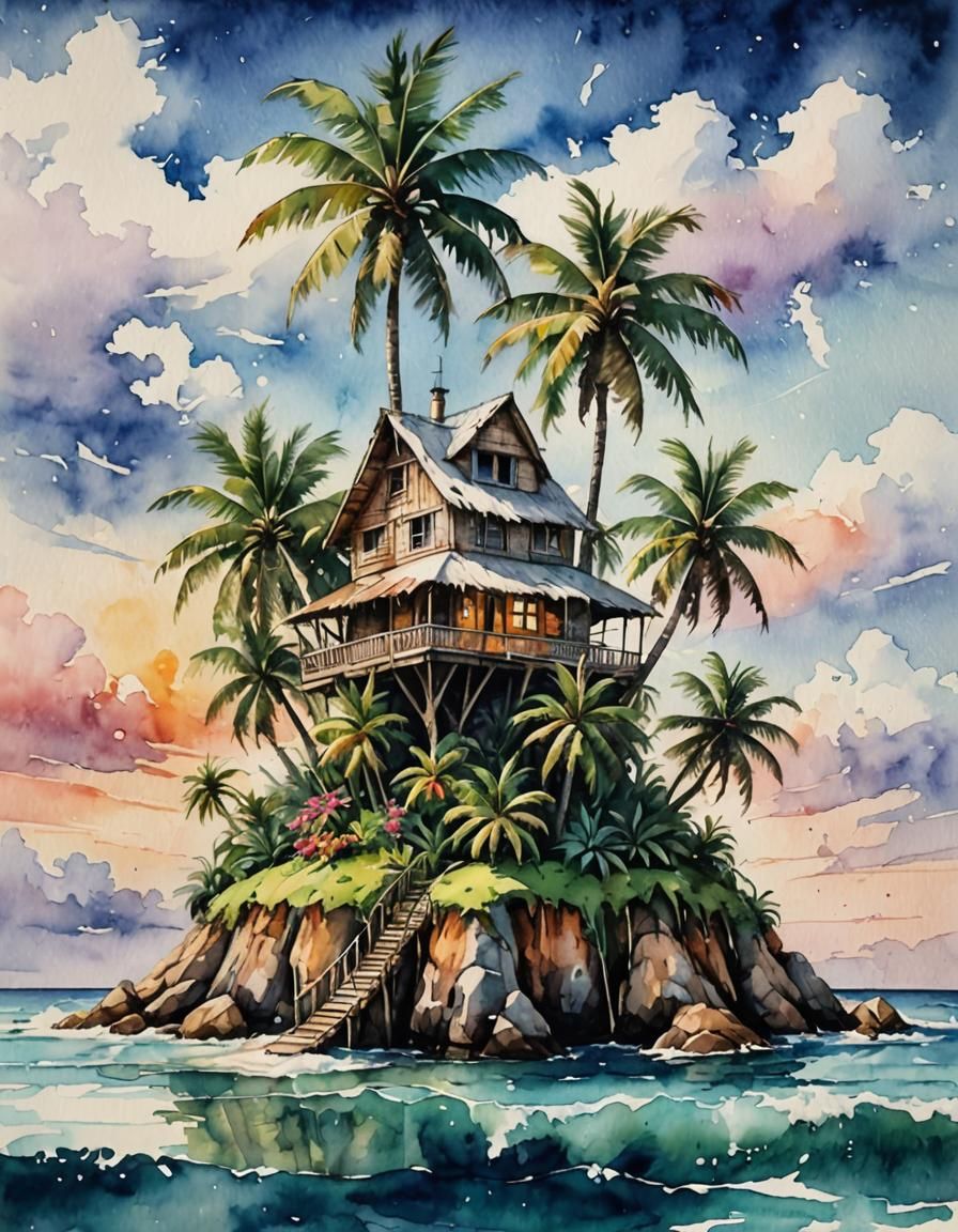 Coconut House on Palm Tree in Watercolor