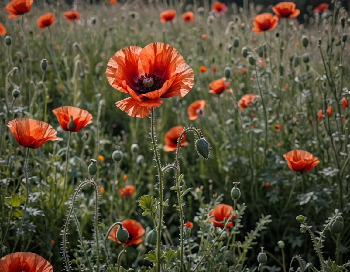 Vibrant Red Poppy in Ghostly Skeleton Form