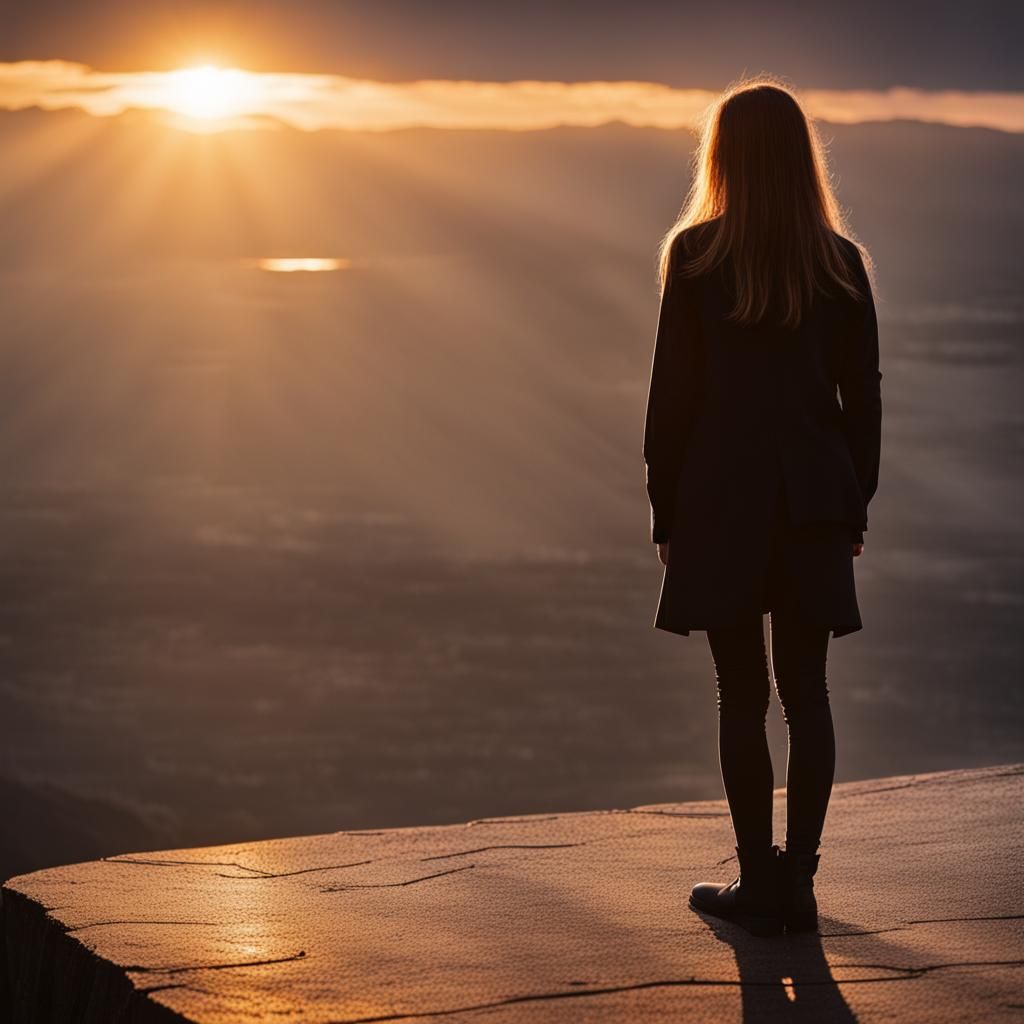 Woman Silhouetted at Sunset Overlook
