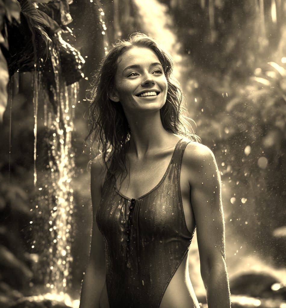 Redhead Woman by Waterfall: Portrait in Ambient Light