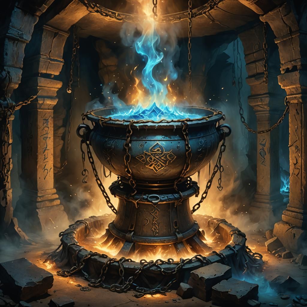 Mystical Parchment Over Cauldron in Dimly Lit Cavern