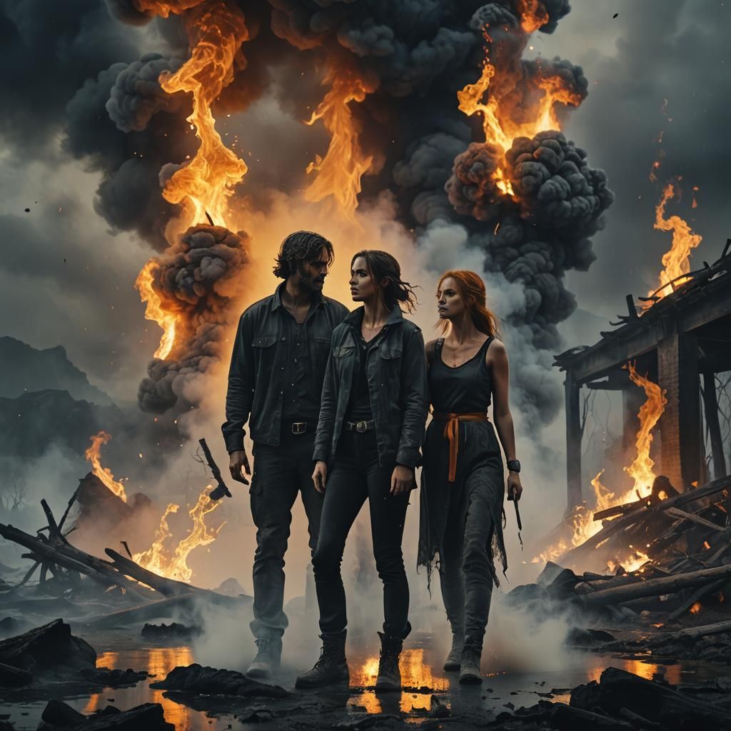 Ominous Dark Fantasy: Couple Amidst Fire and Ash