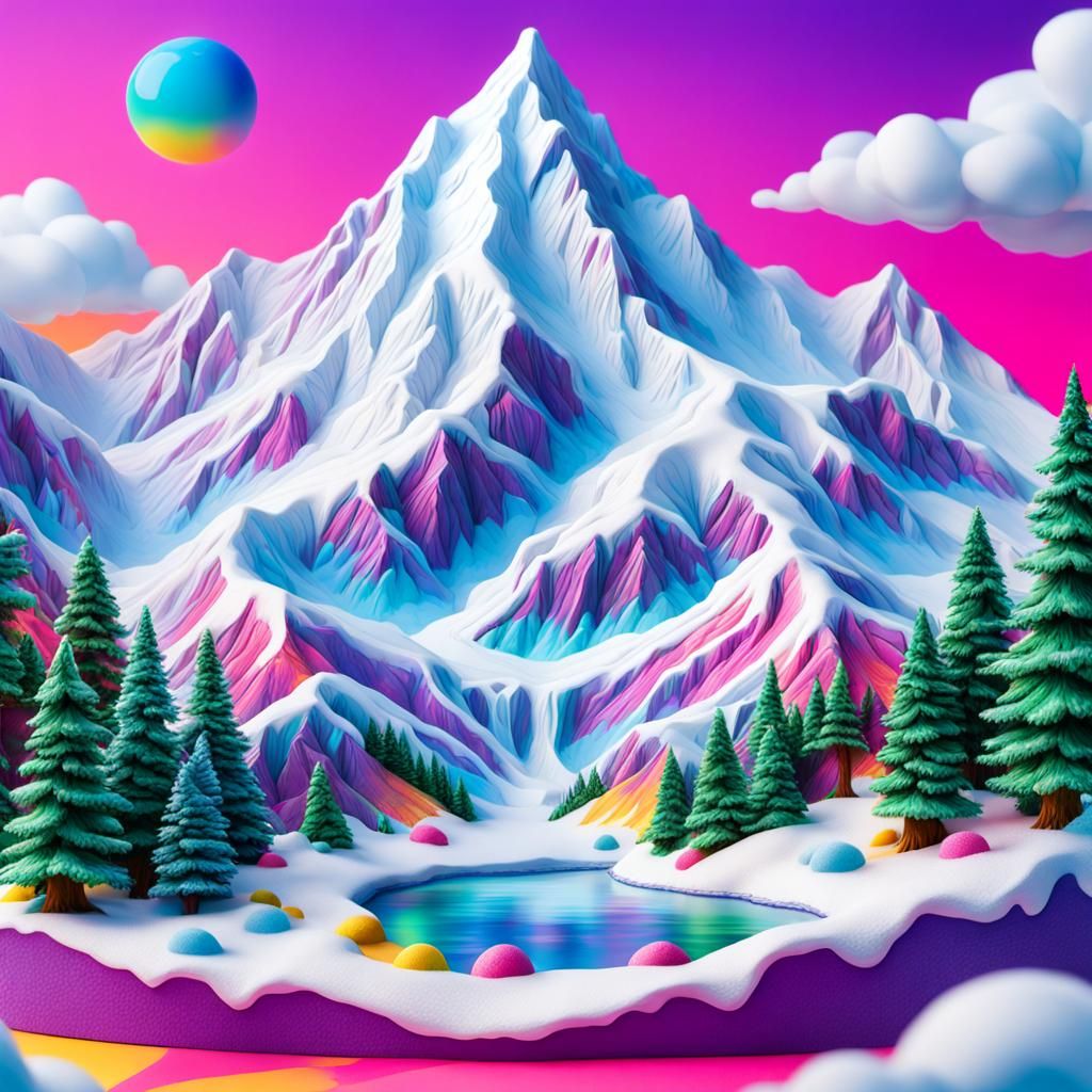 Vibrant Snowy Mountain Diorama in Lisa Frank Style