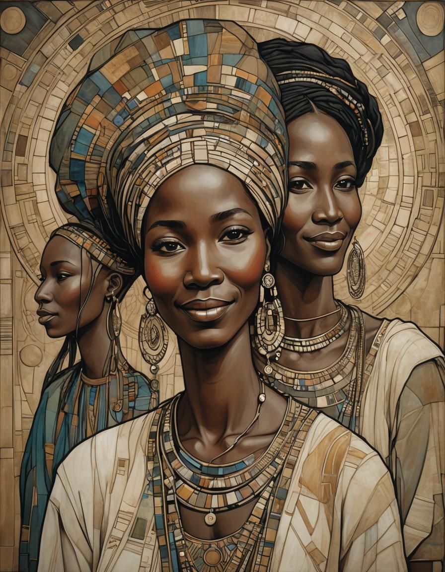 African Women Smiling in Art Nouveau Style