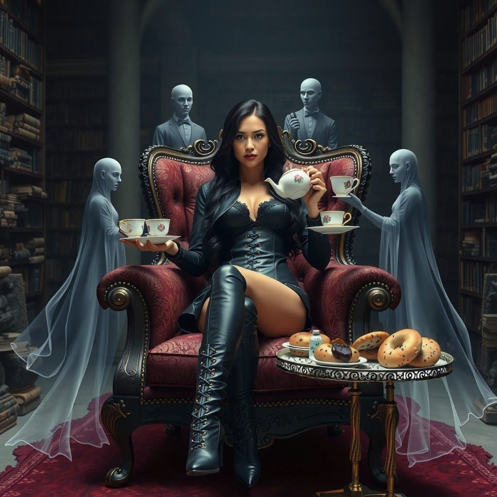 Cyberpunk Goddess Sips Tea with Ghostly Butler