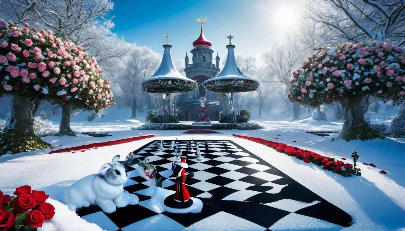 Wonderland in deep winter, Alice , Mad Hatter, White Rabbit, Red Queen, on a snow covered chessboard, surrounded by rose...