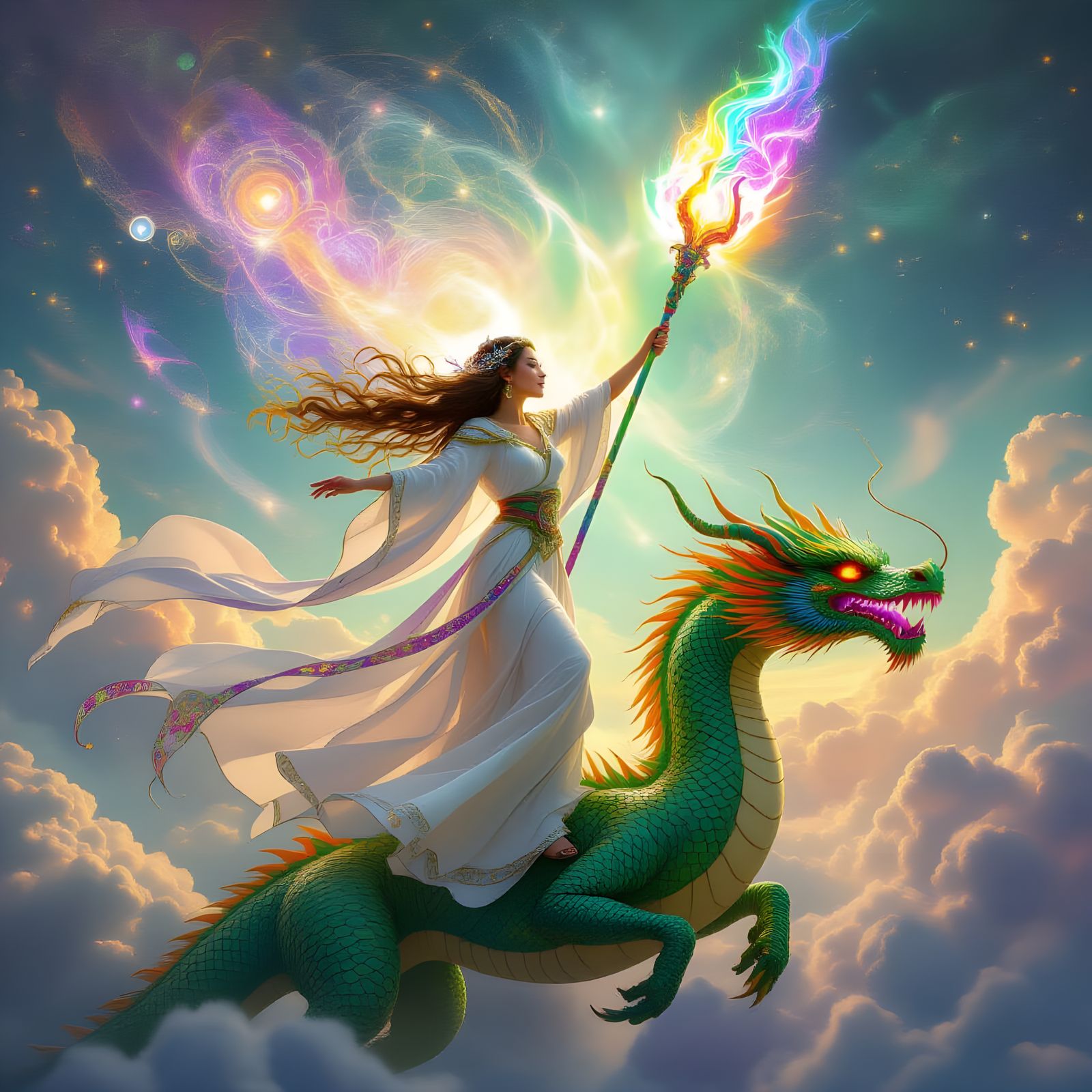Woman with Dragon Staff Astride Green Dragon