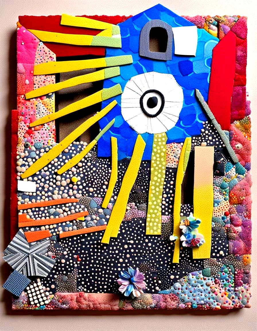 Radiating Plastic House in Patchwork Mixed Media