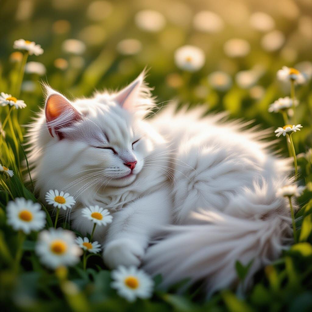 White Cat Sleeping on Wildflowers in Dreamy Art Style