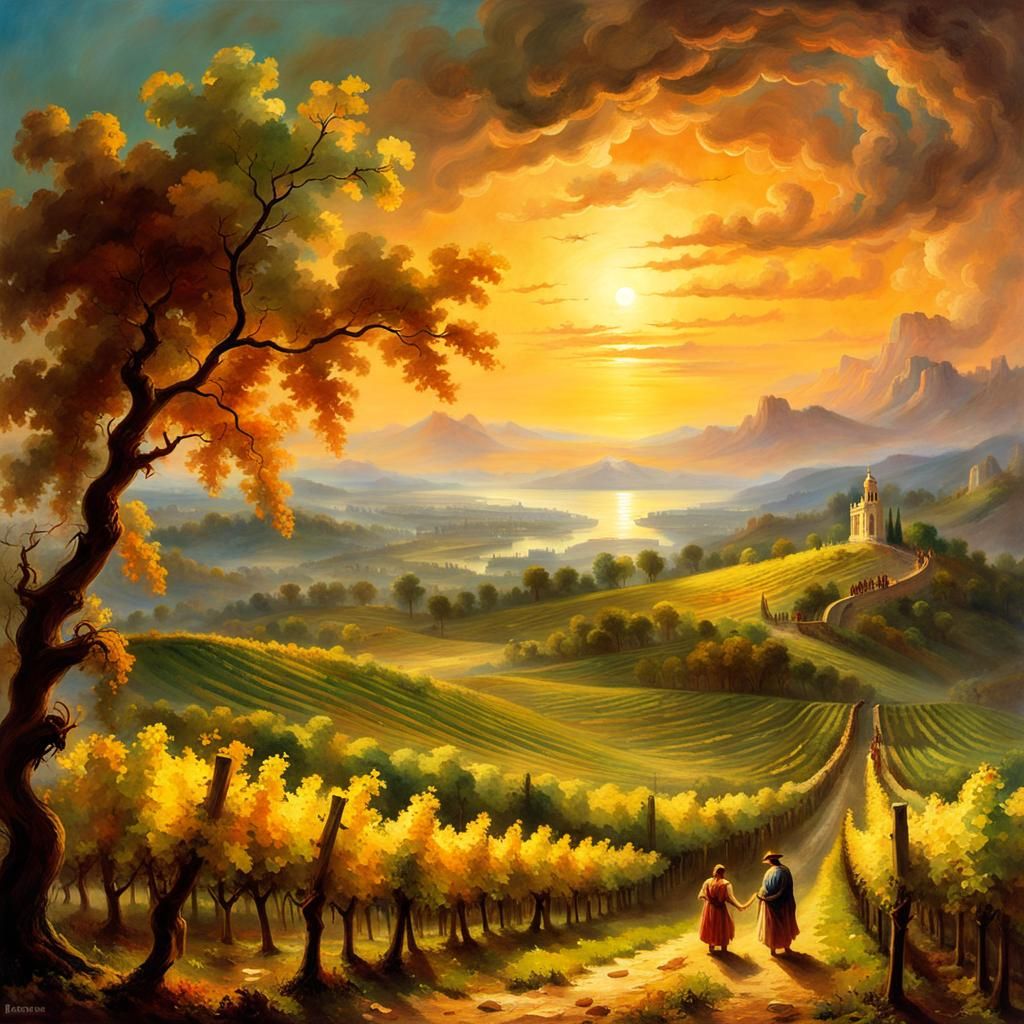 Romantic Vineyard Landscape Painting in Vibrant Colors