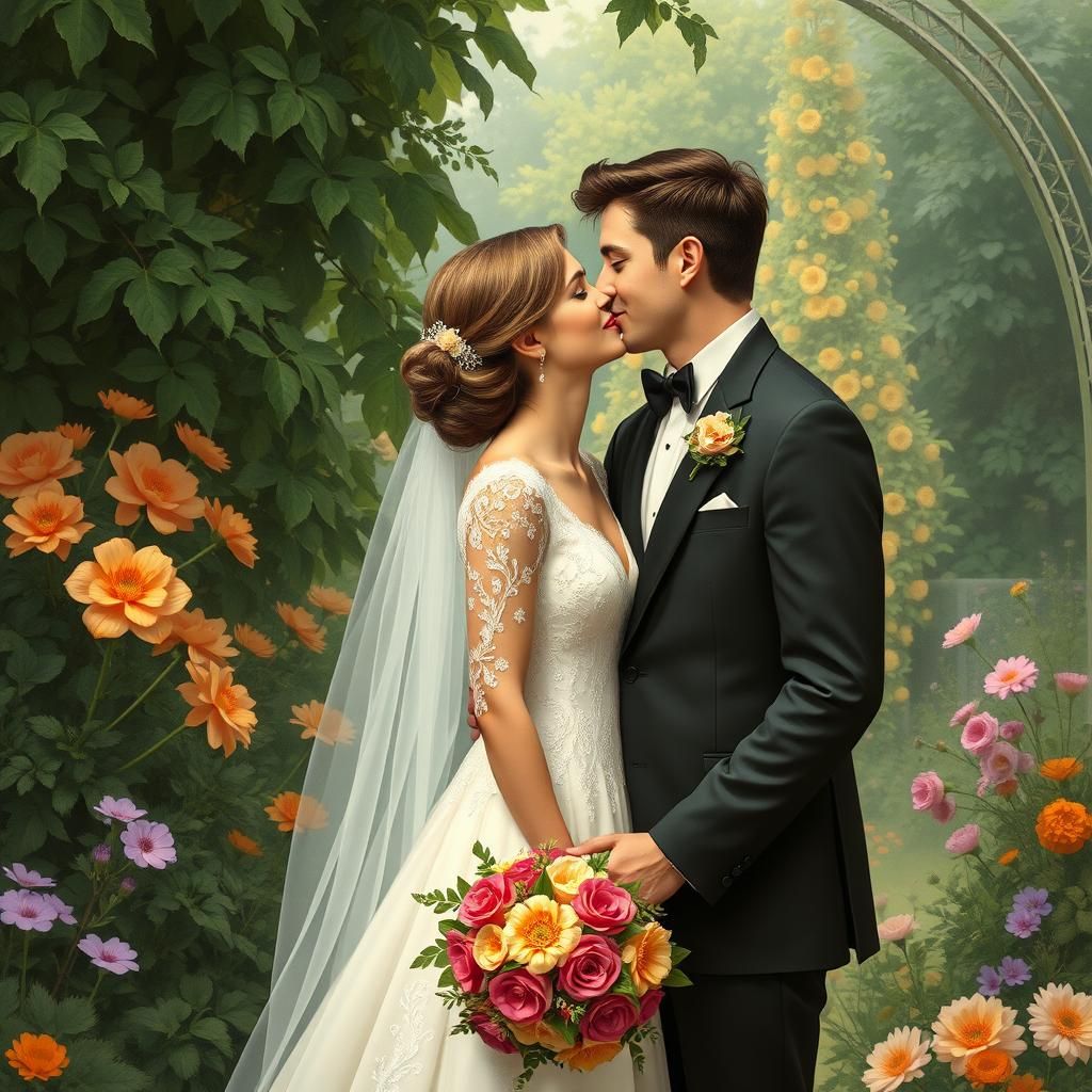 Romantic Garden Wedding Kiss in Storybook Style
