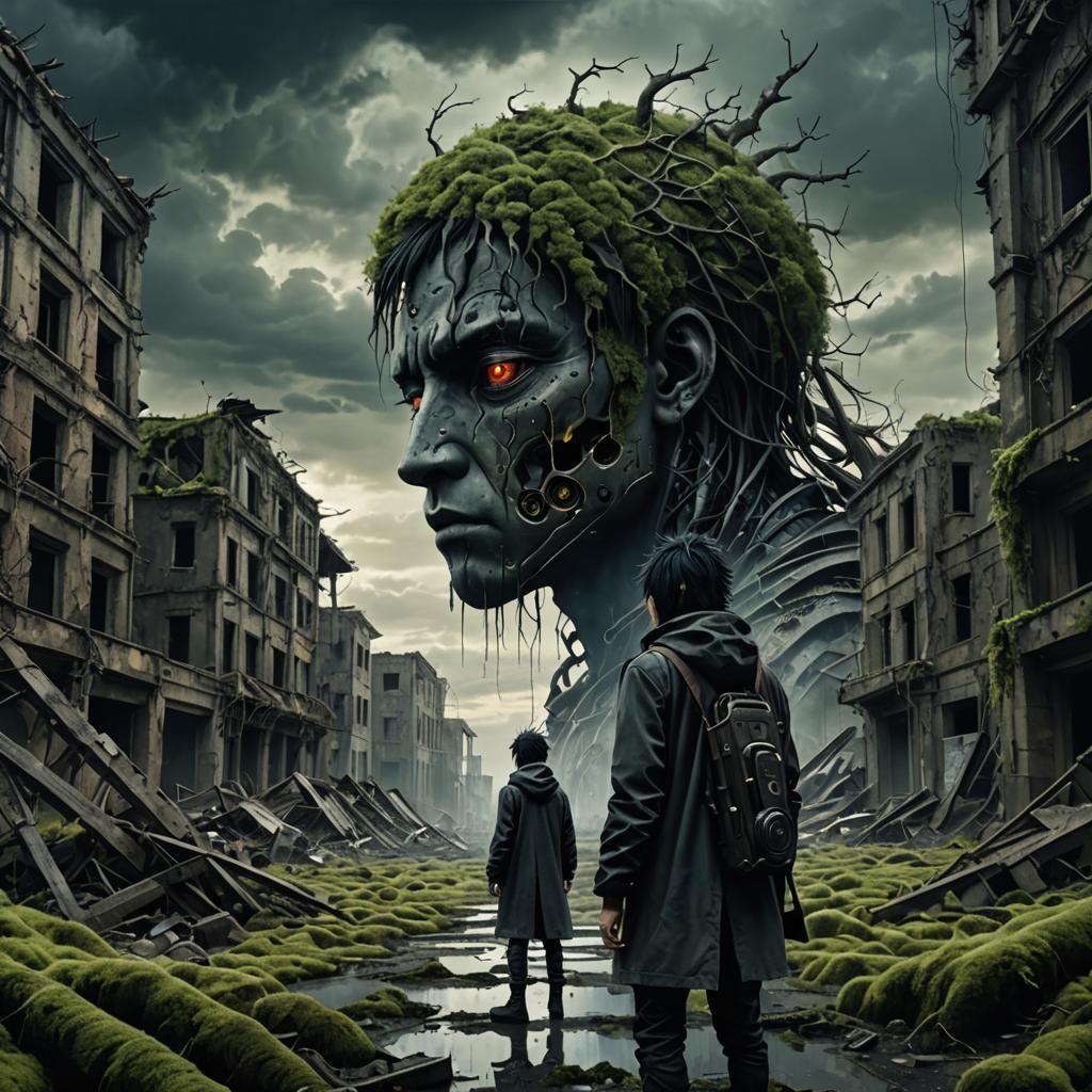 Sasuke in Ruined Cityscape: Surrealism Inspired by Giger