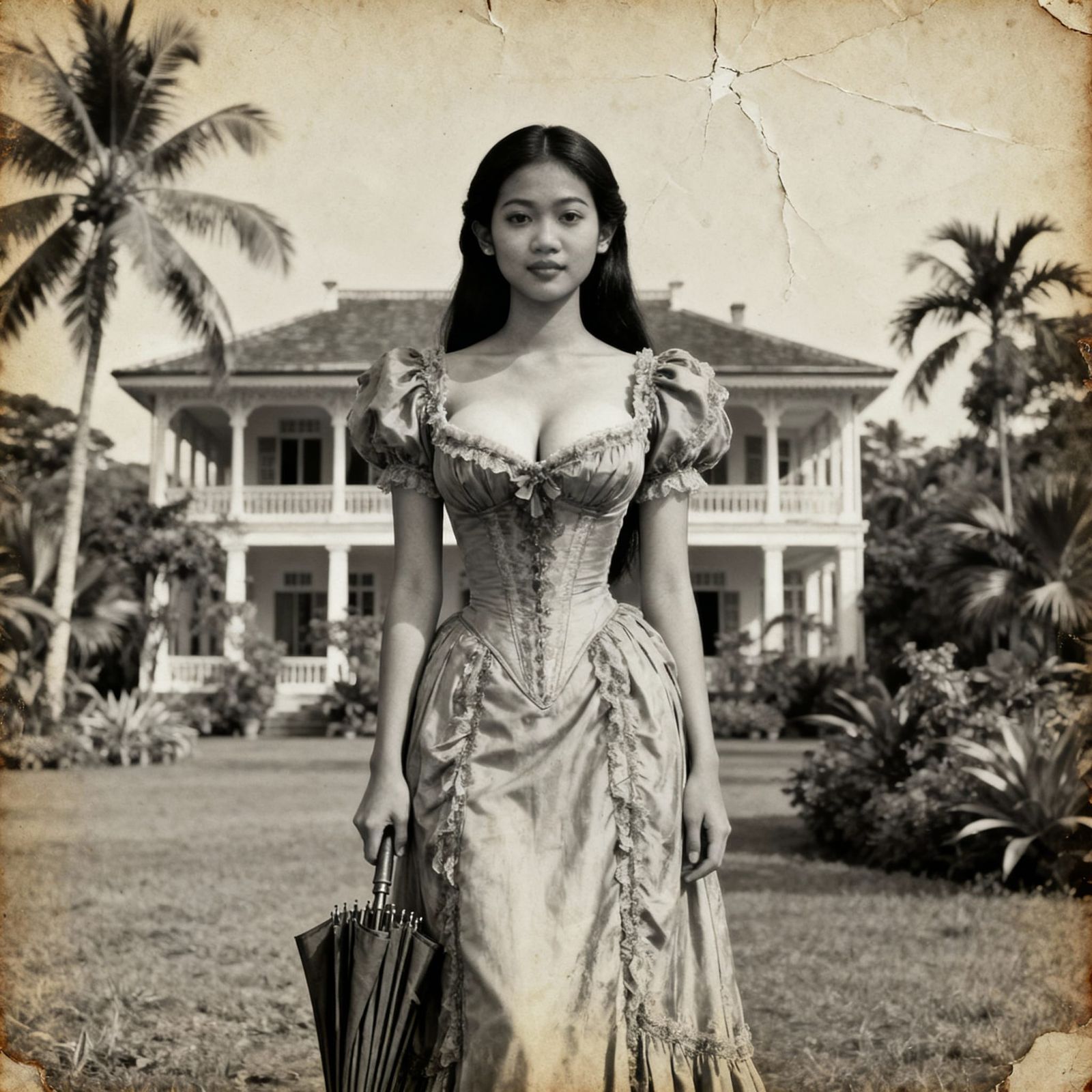 Vintage 1920s Indonesian Woman Portrait in Colonial Garden