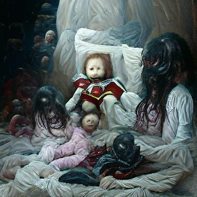 Evil Doll Nightmare in Dark Oil Painting Style