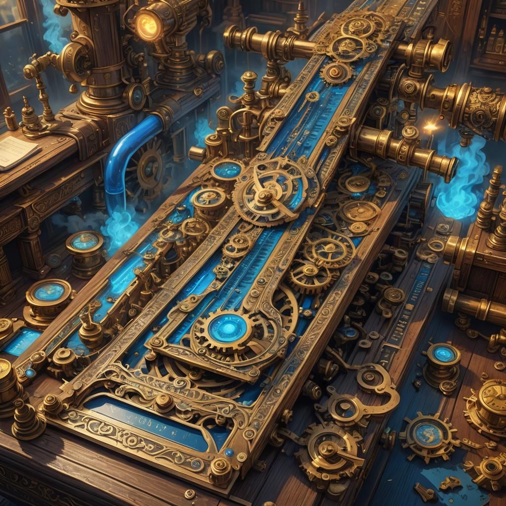 Giant Steampunk Ruler on Dusty Wooden Desk