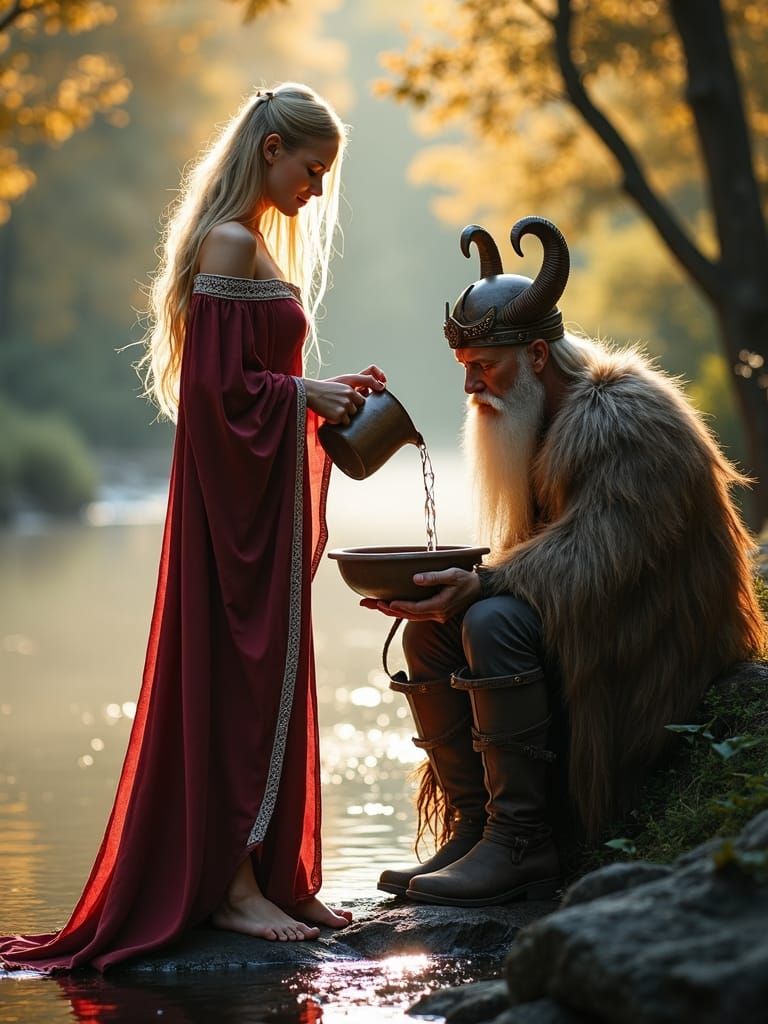 Sága and Odin in Autumnal Norse Scene