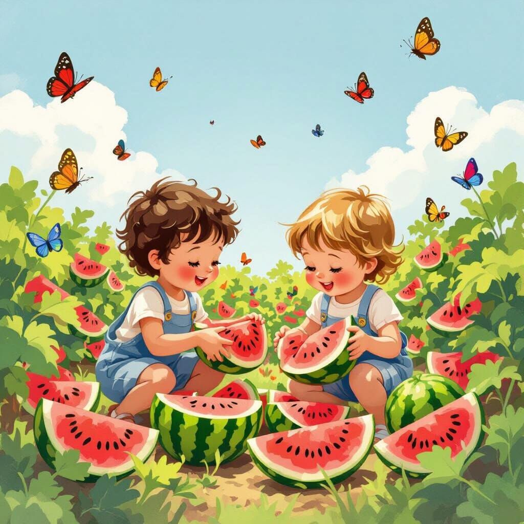 Children Picking Watermelons with Butterflies in Storybook S...