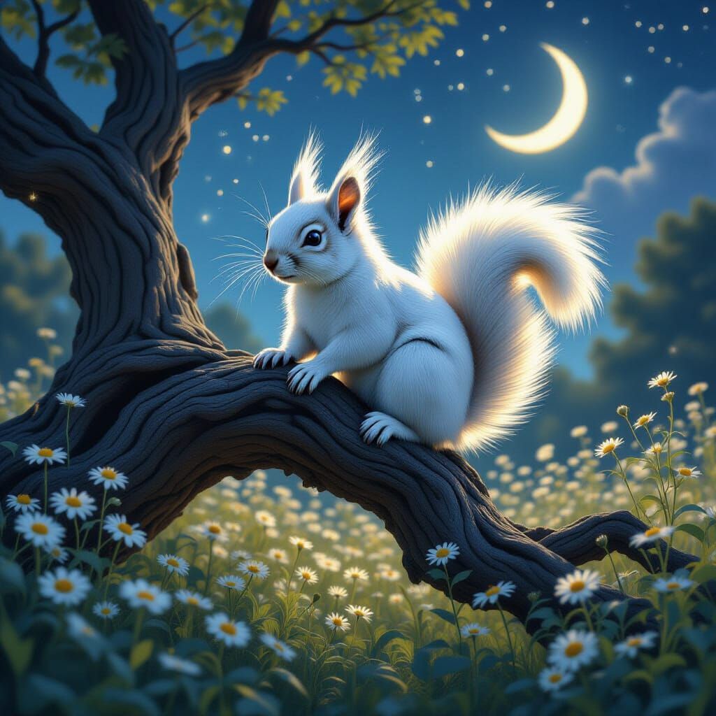 Ethereal White Squirrel in Moonlit Meadow