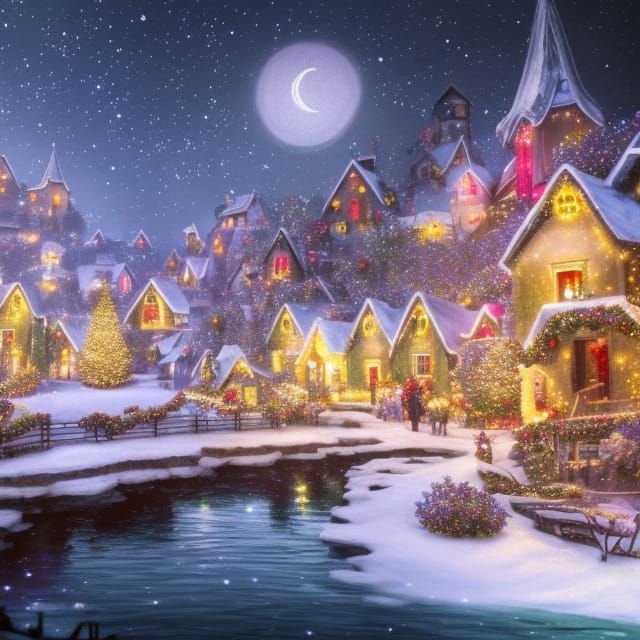 Festive Village Aglow with Christmas Lights