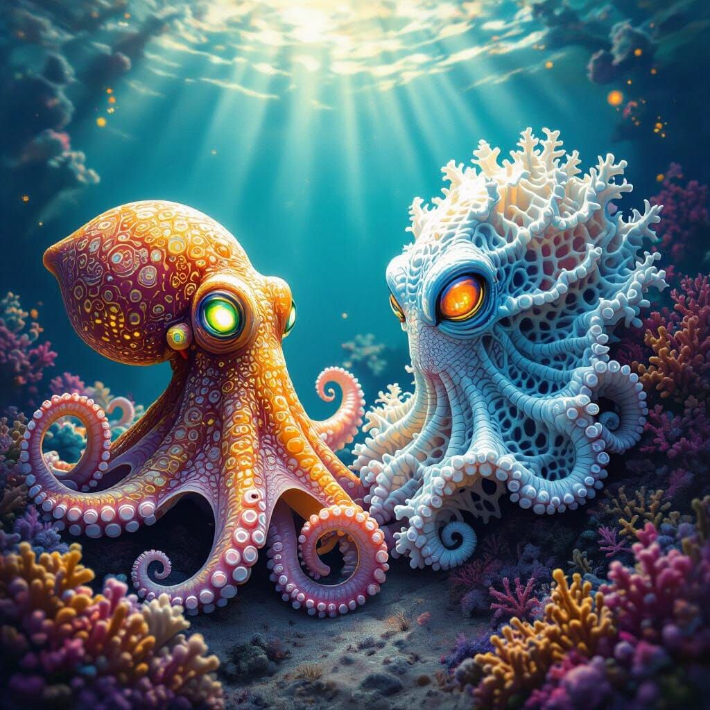 Alien Octopus Chats with Sentient Coral in Deep Sea