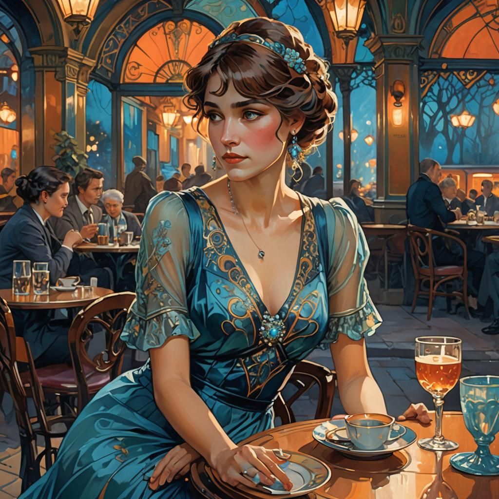 Historic Café Scene with Lady in Art Nouveau Style