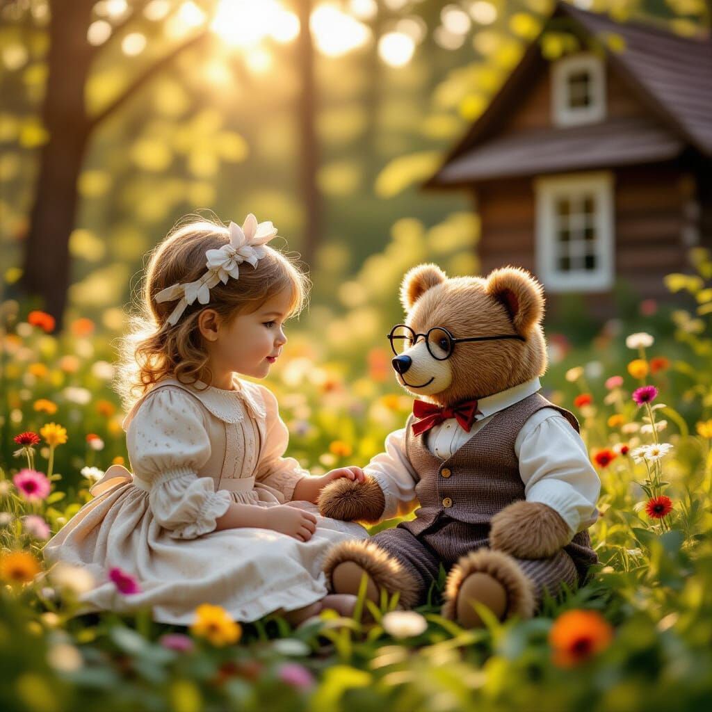 Girl and Bear in 1800s Forest Home
