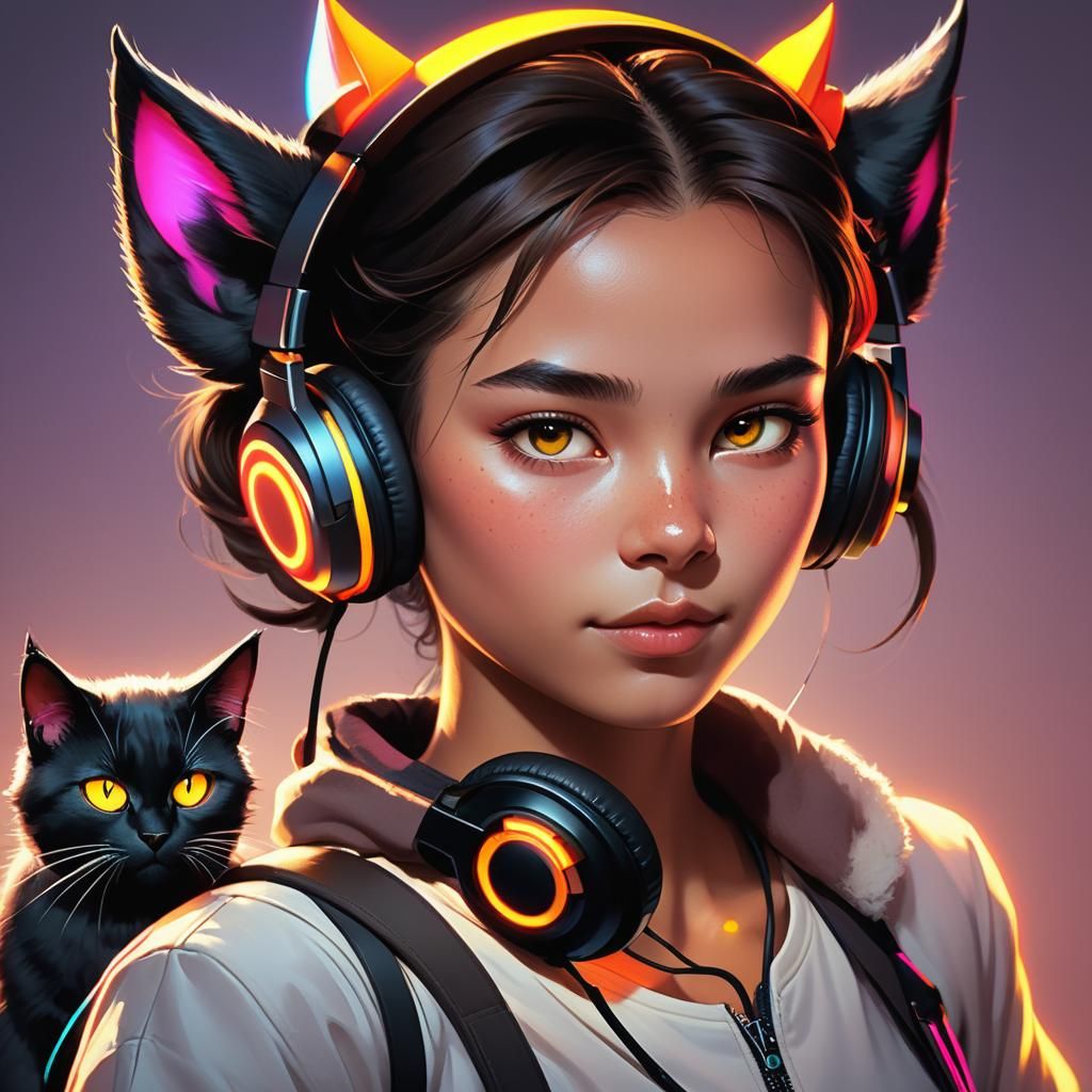 Fantasy Art Portrait with Neon Gaming Headphones