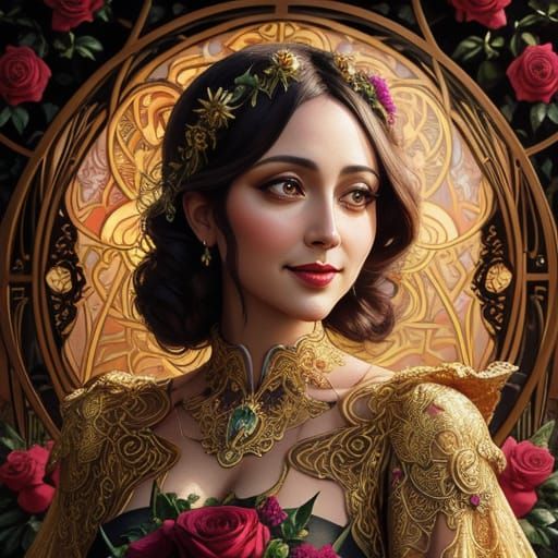 Art Nouveau Portrait with Neon Colors and Golden Light