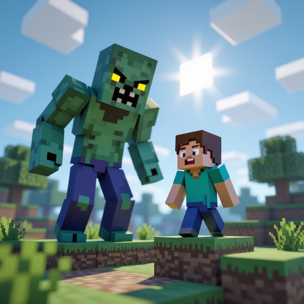 Tiny Minecraft Steve Faces Towering Zombie in Voxel Survival...