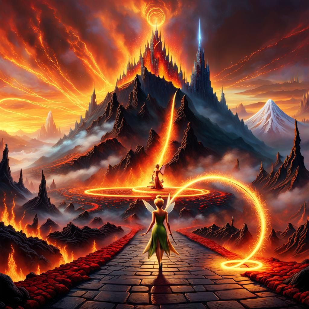 Tinkerbell Confronts Sauron in Ethereal Fantasy Scene