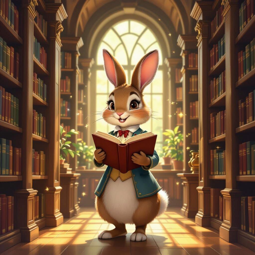 Whimsical Bunny Librarian in Sunlit Library Illustration