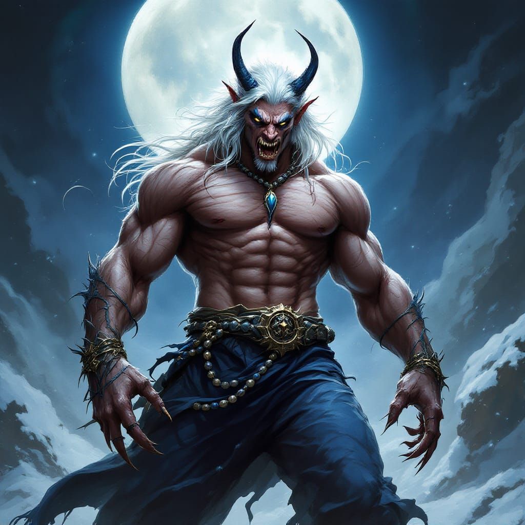 Muscular Half-Demon Lord Zoul in Winter Landscape