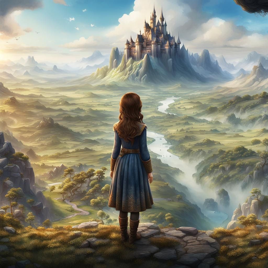 Fairytale Girl Gazing Over Valley in Watercolor