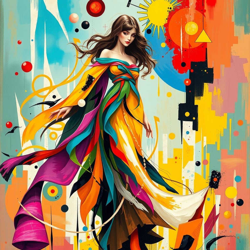 Vibrant Dreamscape Female Figure in Whimsical Geometric Art