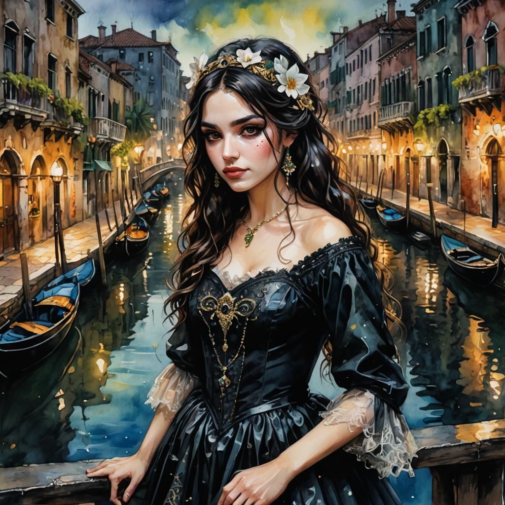 Chibi Italian Woman with Venetian Mask Watercolor