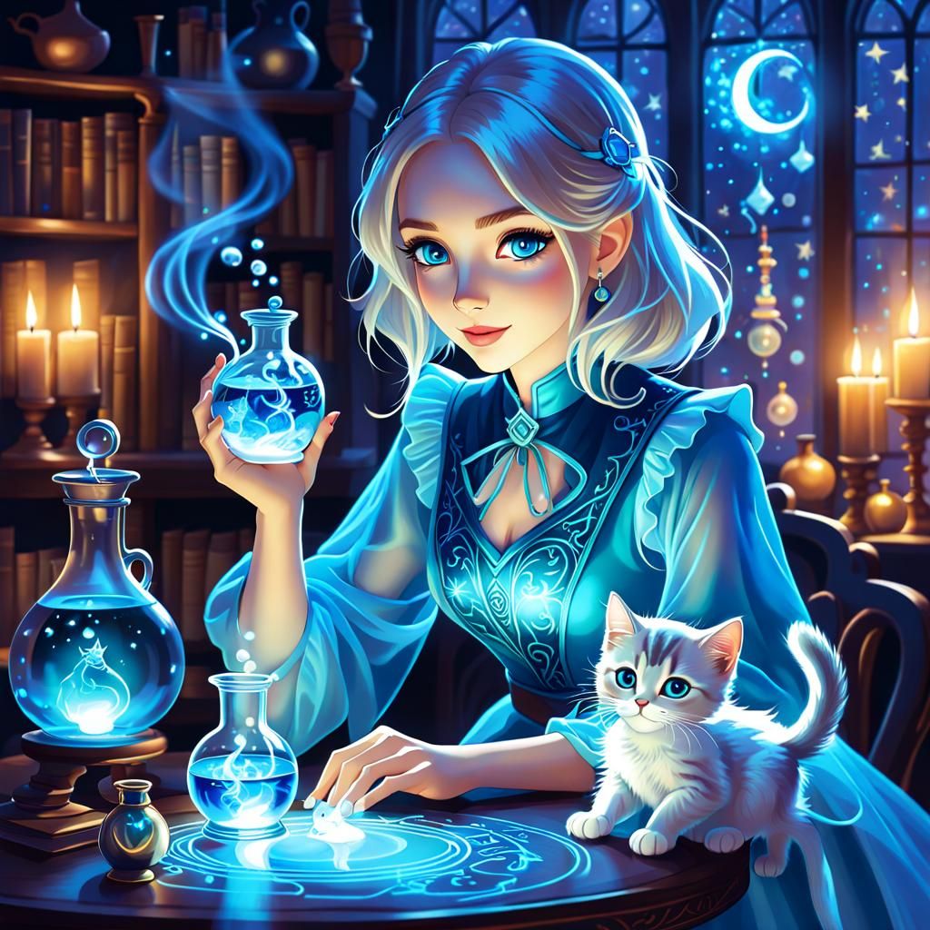 Alchemist Girl and Magical Kitten in Blue Tones